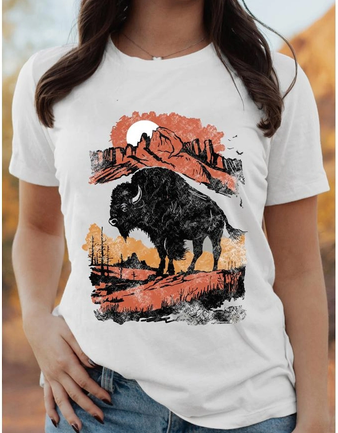 White Western Buffalo On Plains Graphic Crew Neck Tee
