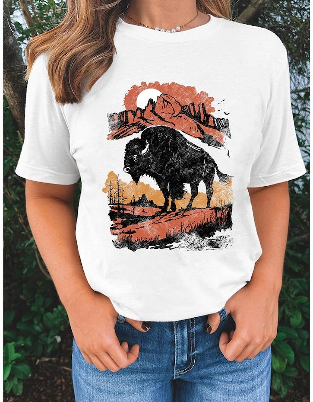 White Western Buffalo On Plains Graphic Crew Neck Tee