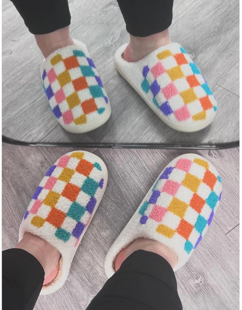 White Vibrant Checkered Plush Thermal Slippers