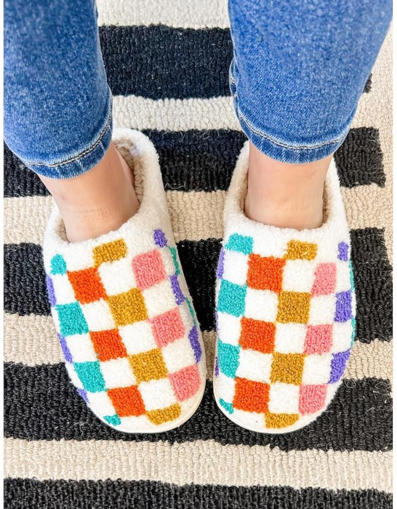 White Vibrant Checkered Plush Thermal Slippers