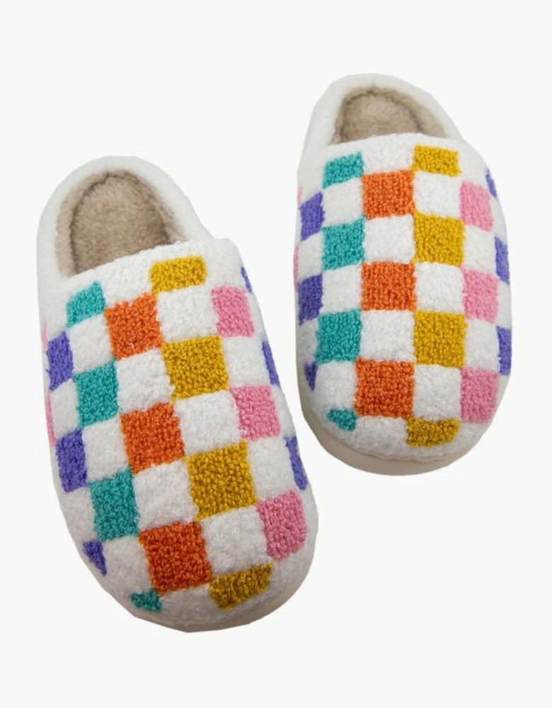 White Vibrant Checkered Plush Thermal Slippers