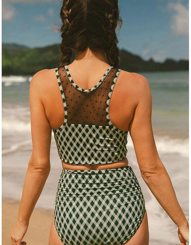 Green Dotted Mesh Plaid Patchwork High Waisted Bikini