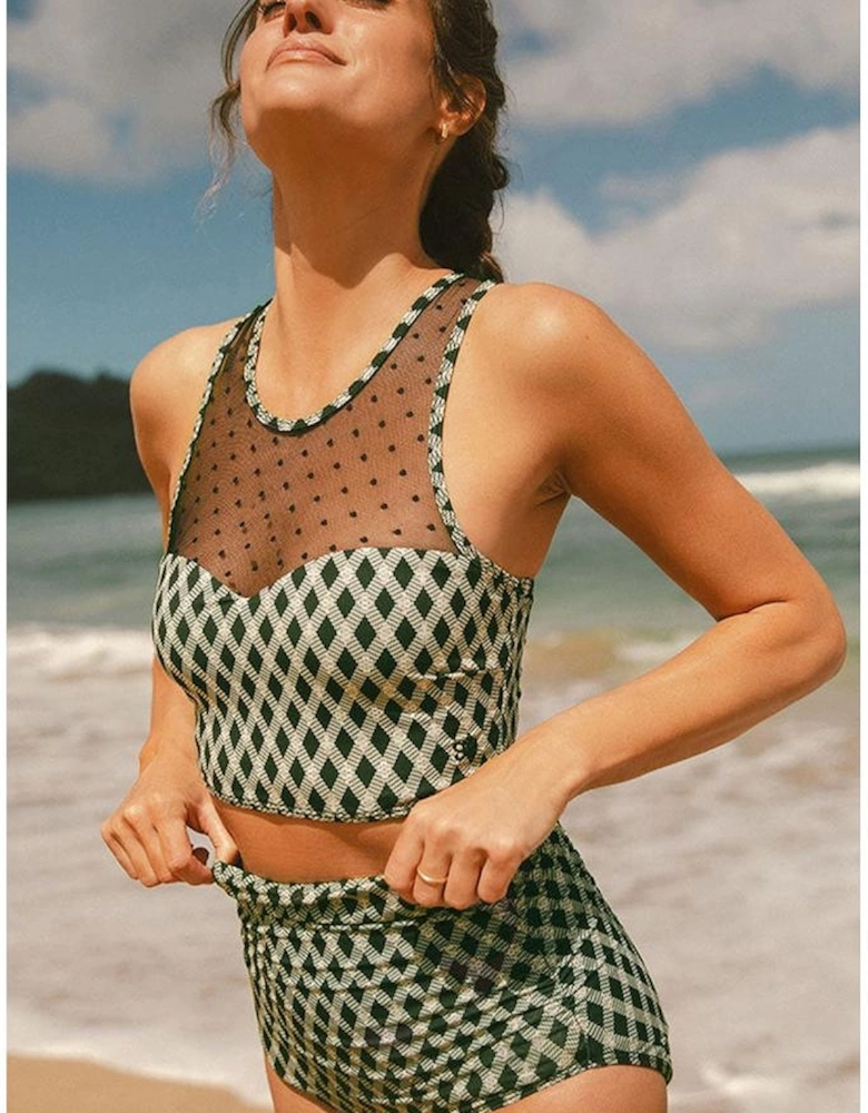 Green Dotted Mesh Plaid Patchwork High Waisted Bikini