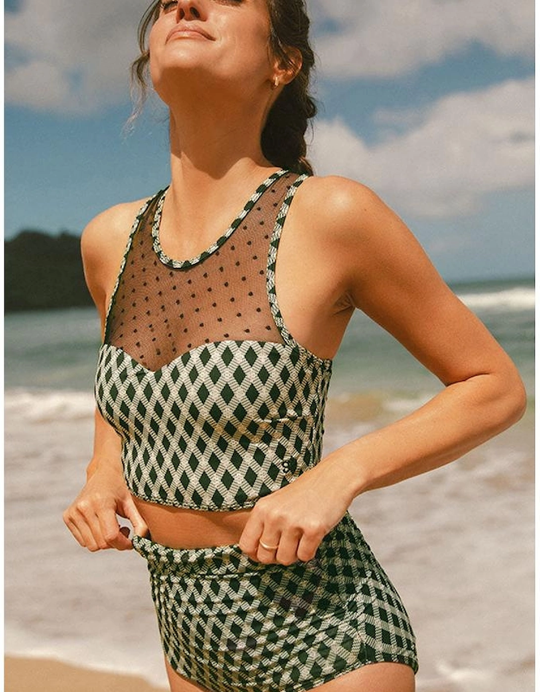 Green Dotted Mesh Plaid Patchwork High Waisted Bikini