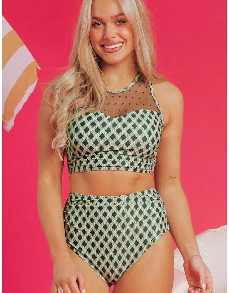 Green Dotted Mesh Plaid Patchwork High Waisted Bikini