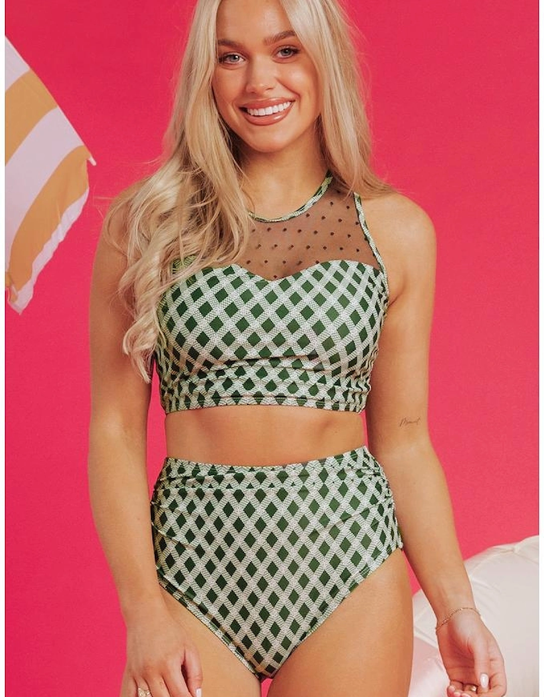 Green Dotted Mesh Plaid Patchwork High Waisted Bikini