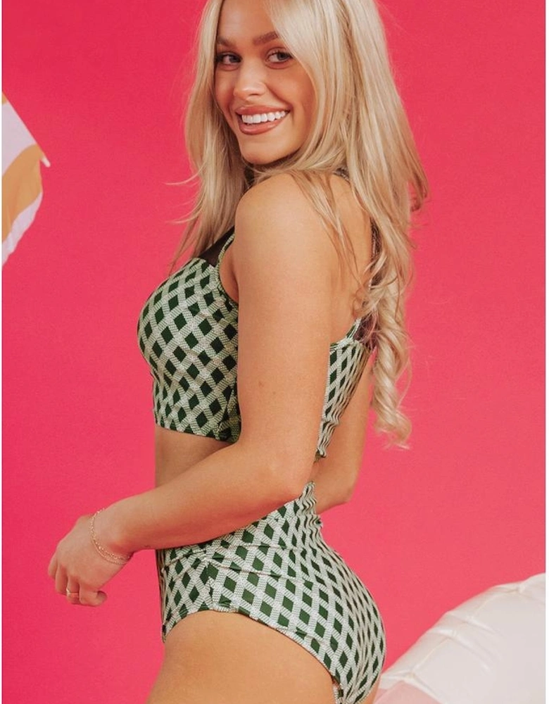 Green Dotted Mesh Plaid Patchwork High Waisted Bikini