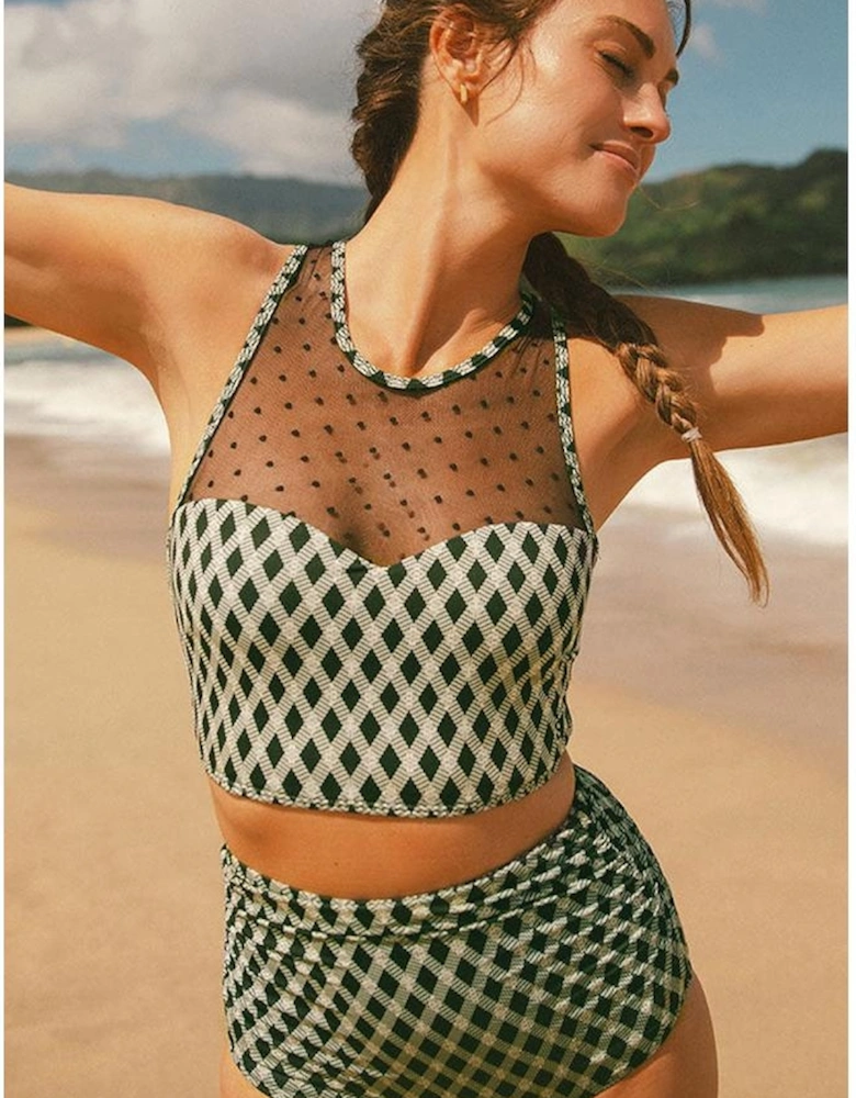 Green Dotted Mesh Plaid Patchwork High Waisted Bikini