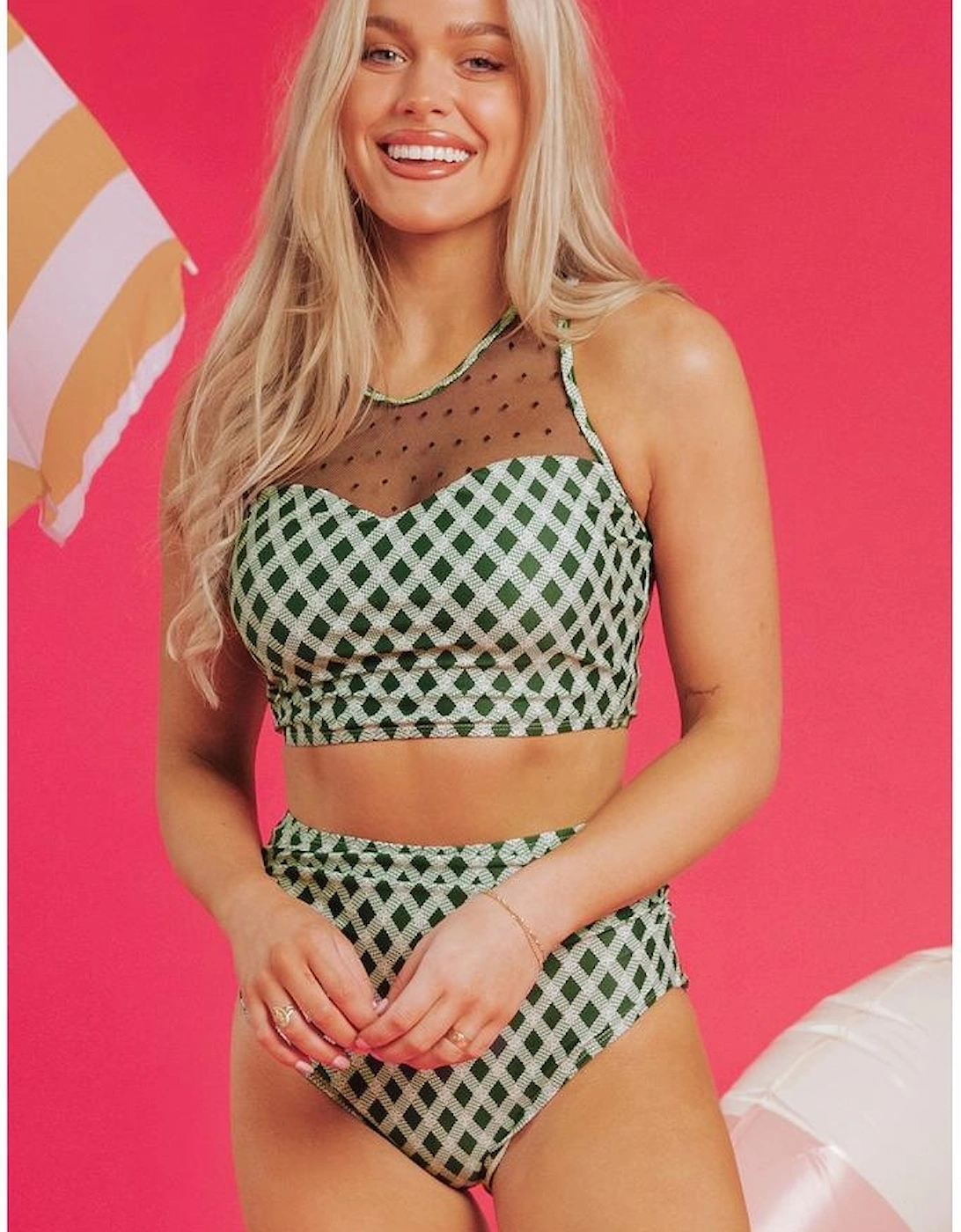 Green Dotted Mesh Plaid Patchwork High Waisted Bikini