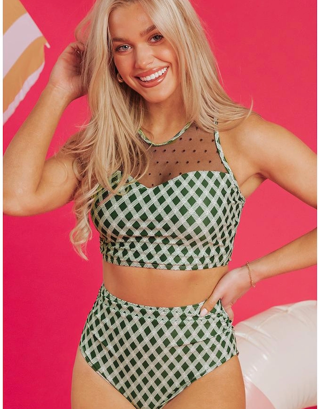 Green Dotted Mesh Plaid Patchwork High Waisted Bikini