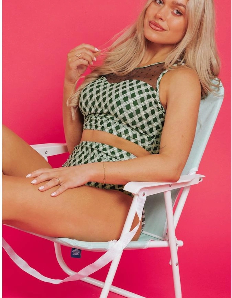 Green Dotted Mesh Plaid Patchwork High Waisted Bikini
