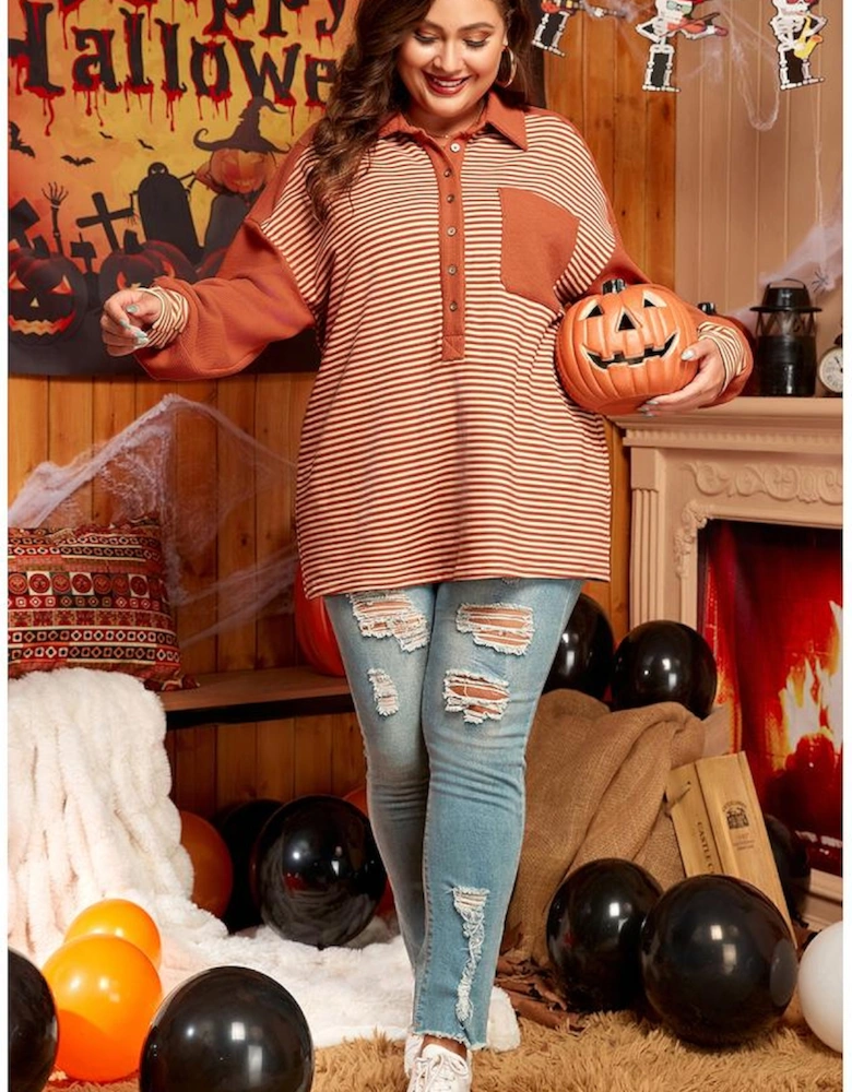 Red Stripe Textured Patched Drop Shoulder Buttoned Plus Size Sweatshirt