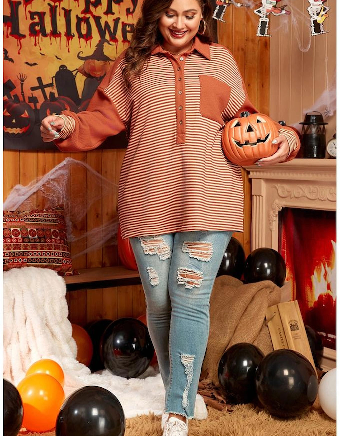 Red Stripe Textured Patched Drop Shoulder Buttoned Plus Size Sweatshirt