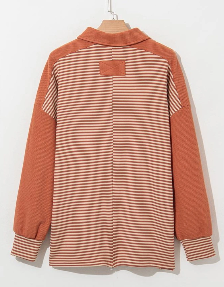 Red Stripe Textured Patched Drop Shoulder Buttoned Plus Size Sweatshirt