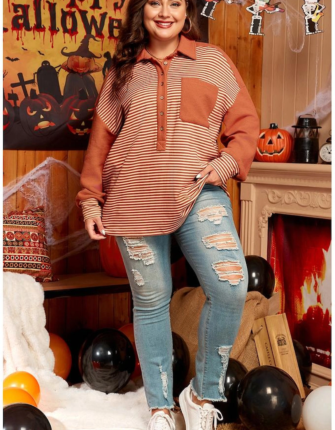 Red Stripe Textured Patched Drop Shoulder Buttoned Plus Size Sweatshirt