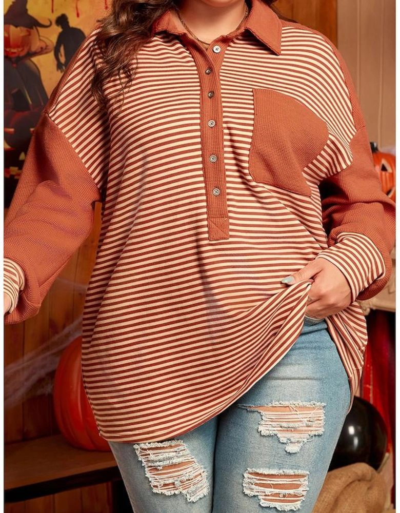 Red Stripe Textured Patched Drop Shoulder Buttoned Plus Size Sweatshirt
