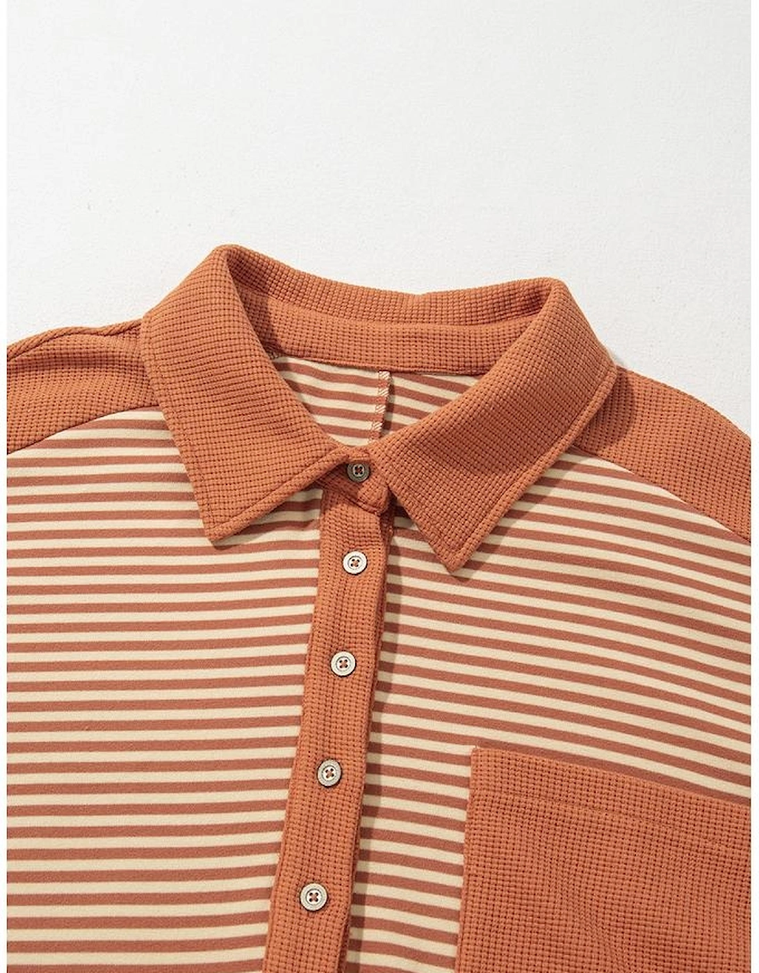 Red Stripe Textured Patched Drop Shoulder Buttoned Plus Size Sweatshirt