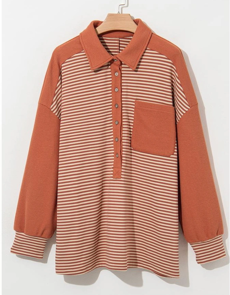 Red Stripe Textured Patched Drop Shoulder Buttoned Plus Size Sweatshirt