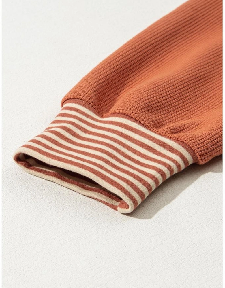 Red Stripe Textured Patched Drop Shoulder Buttoned Plus Size Sweatshirt