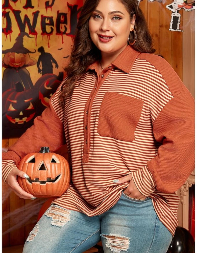 Red Stripe Textured Patched Drop Shoulder Buttoned Plus Size Sweatshirt