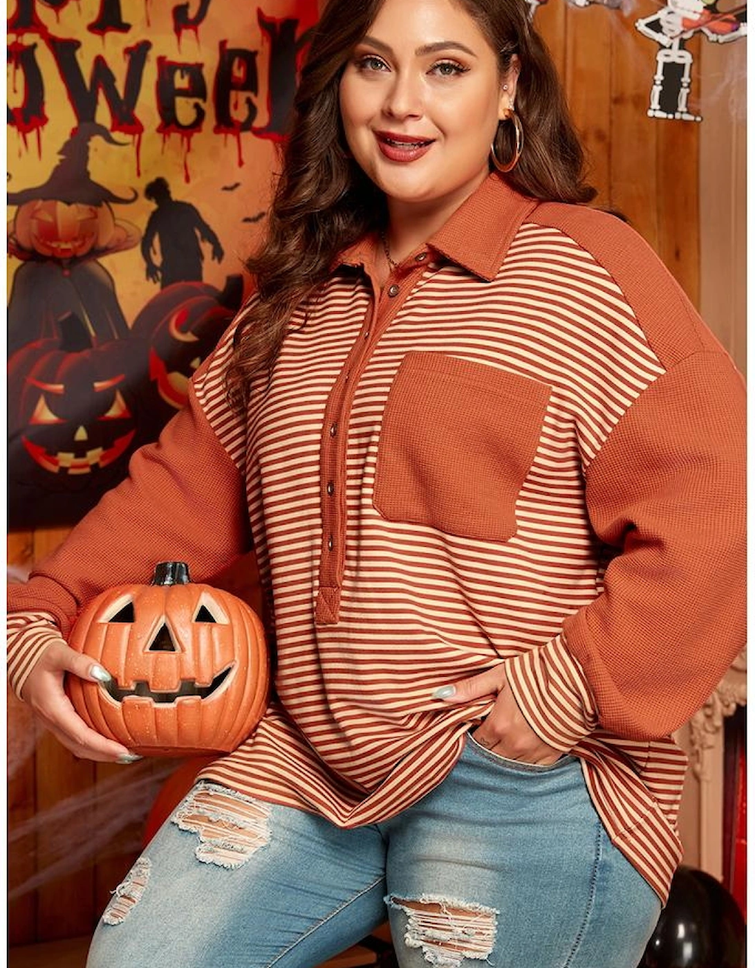 Red Stripe Textured Patched Drop Shoulder Buttoned Plus Size Sweatshirt