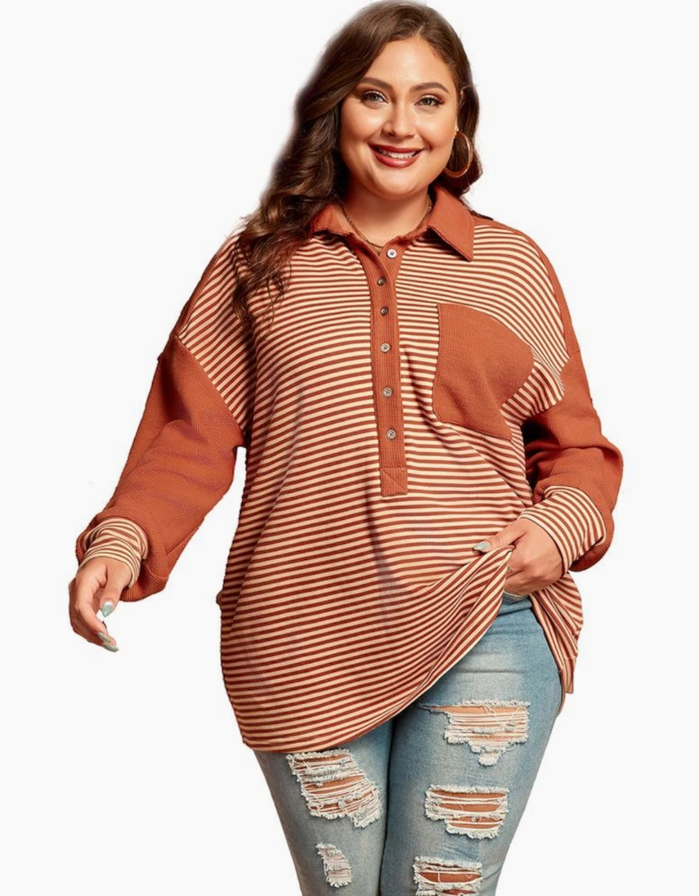 Red Stripe Textured Patched Drop Shoulder Buttoned Plus Size Sweatshirt