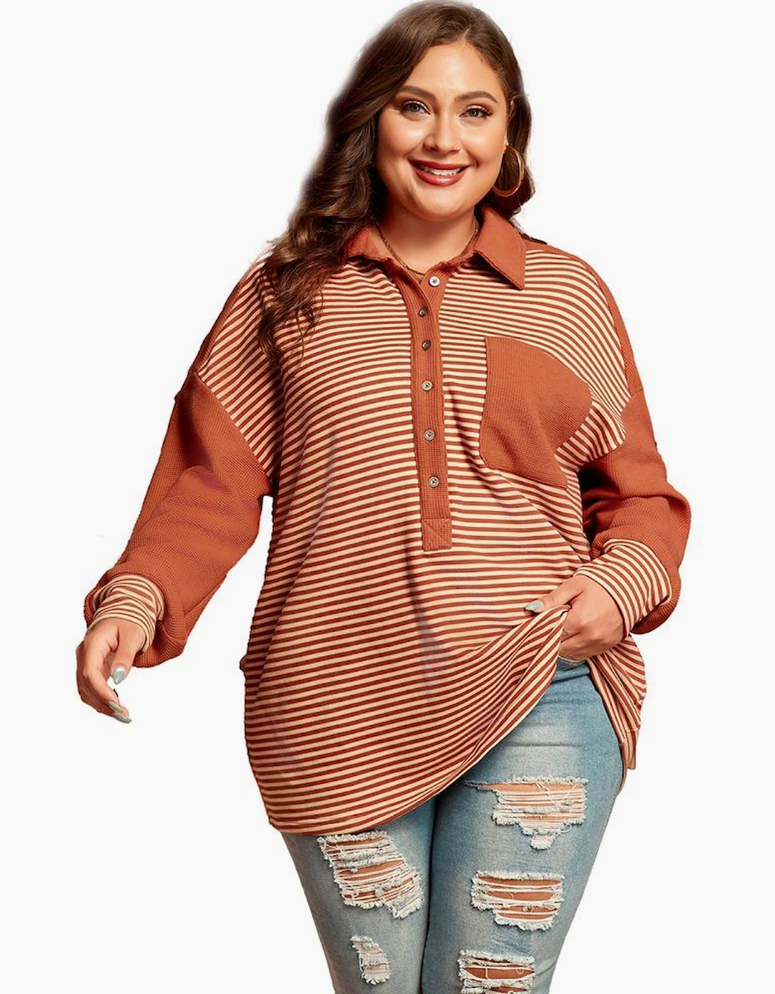 Red Stripe Textured Patched Drop Shoulder Buttoned Plus Size Sweatshirt