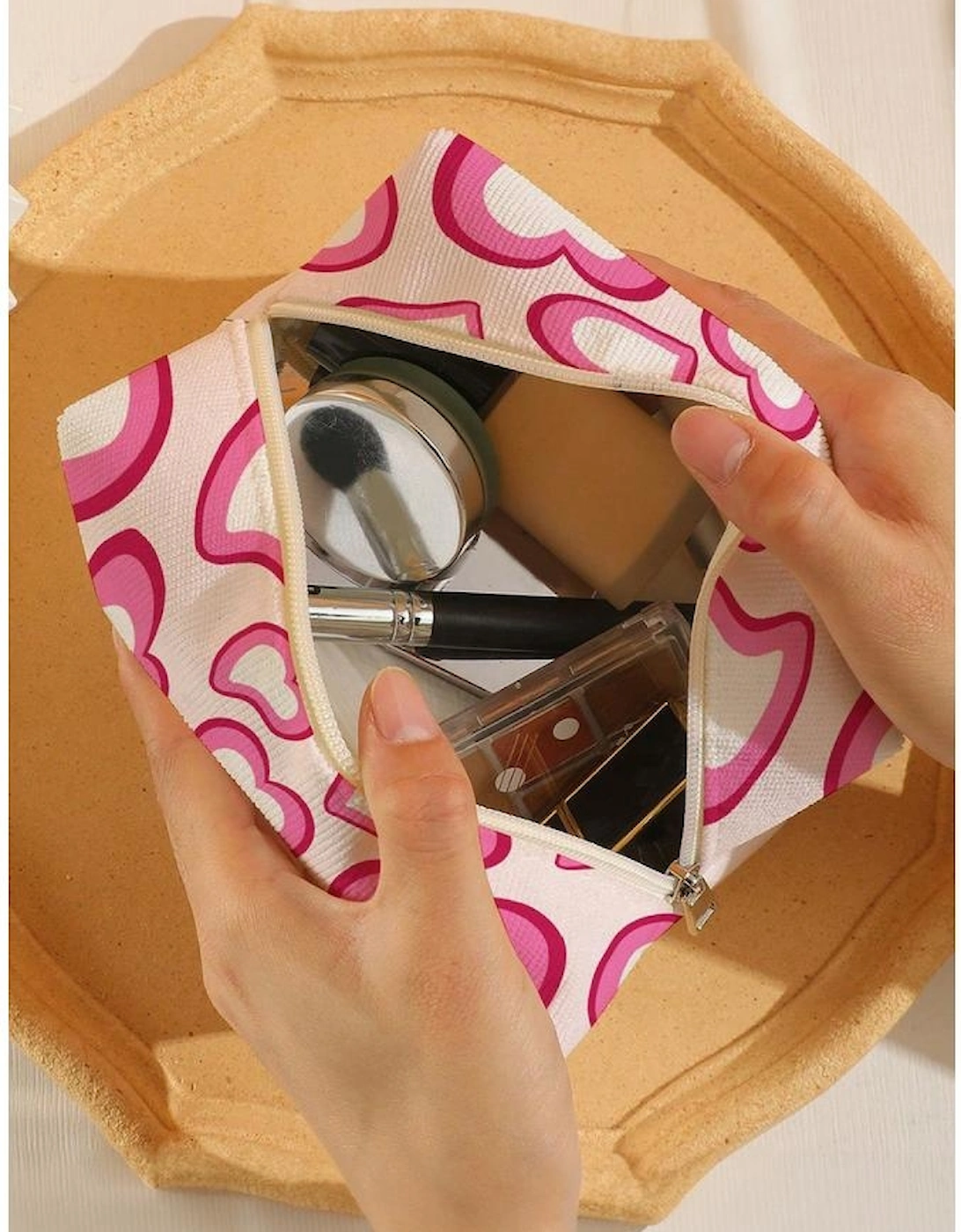 Pink Valentines Fashion Heart Printed Canvas Cosmetic Bag