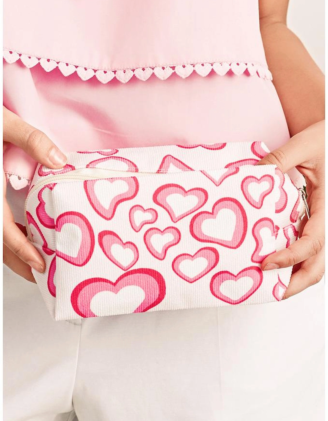 Pink Valentines Fashion Heart Printed Canvas Cosmetic Bag