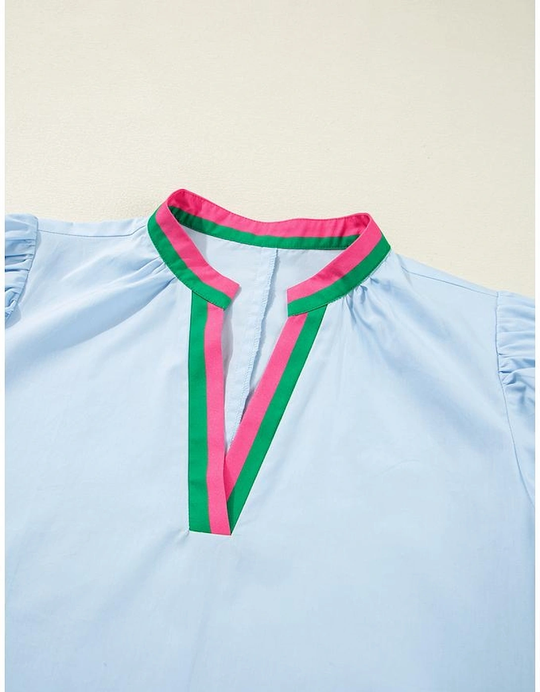 Myosotis Contrast Striped Notched V Neck Puff Sleeve Mini Dress