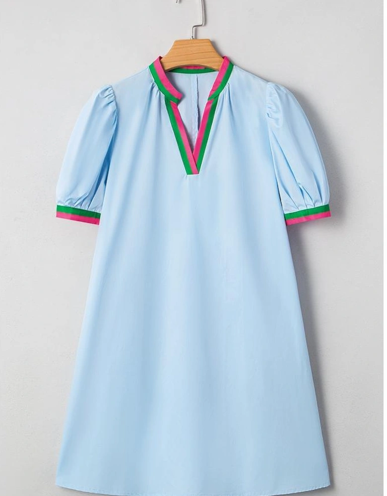 Myosotis Contrast Striped Notched V Neck Puff Sleeve Mini Dress