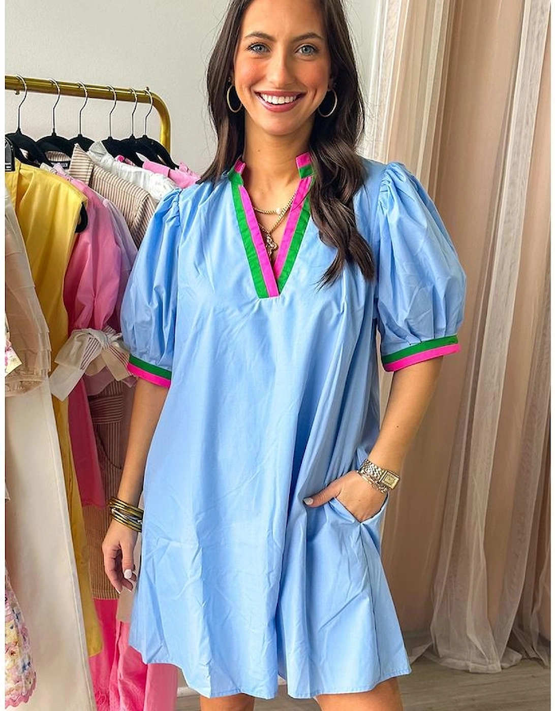 Myosotis Contrast Striped Notched V Neck Puff Sleeve Mini Dress, 15 of 14