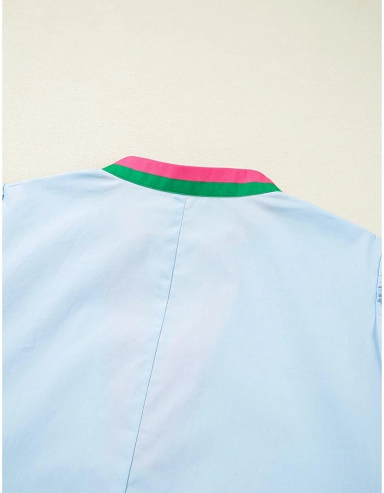 Myosotis Contrast Striped Notched V Neck Puff Sleeve Mini Dress