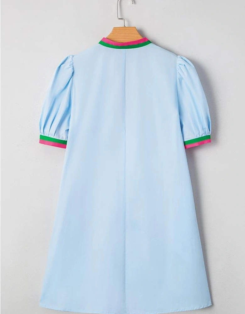 Myosotis Contrast Striped Notched V Neck Puff Sleeve Mini Dress