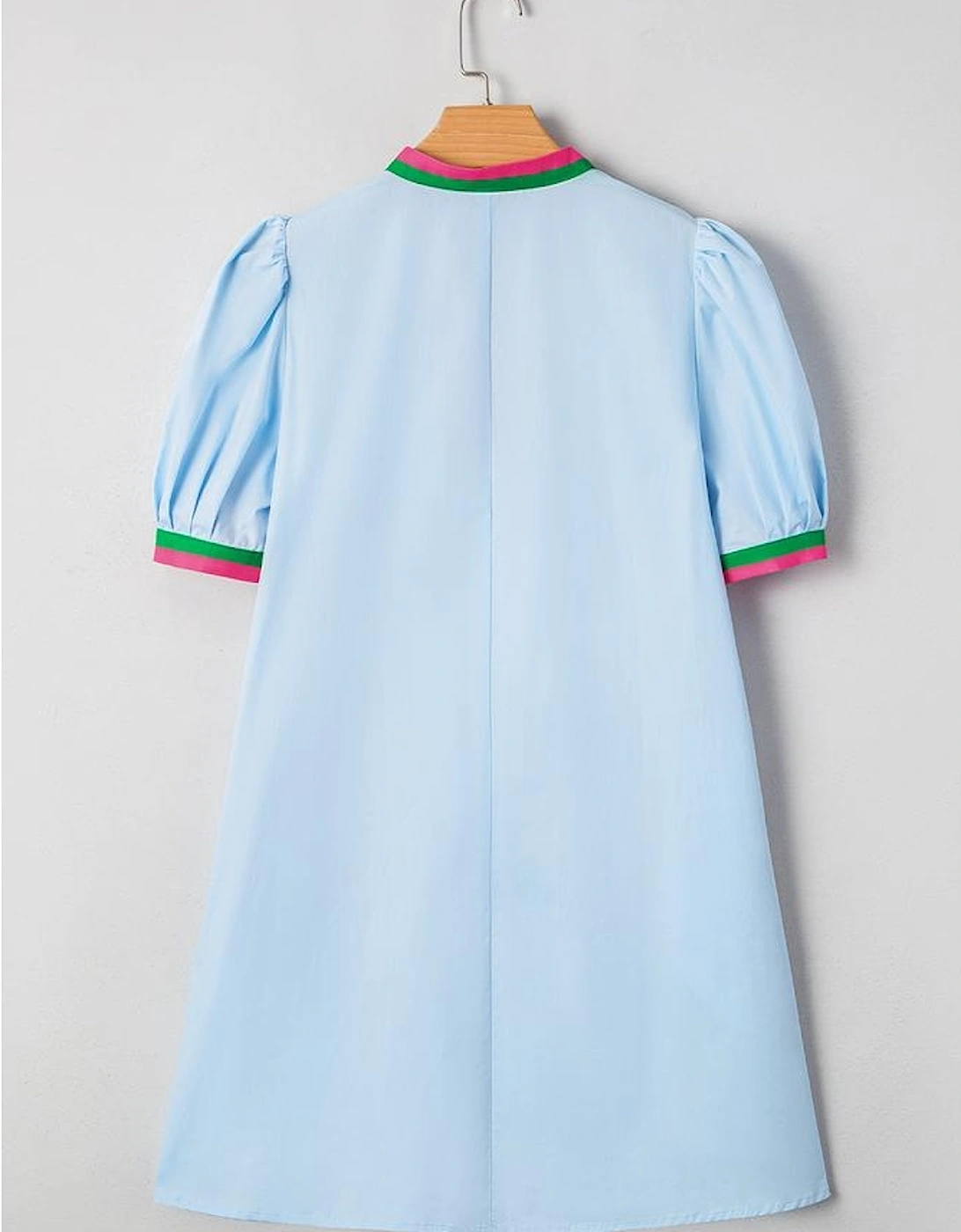 Myosotis Contrast Striped Notched V Neck Puff Sleeve Mini Dress