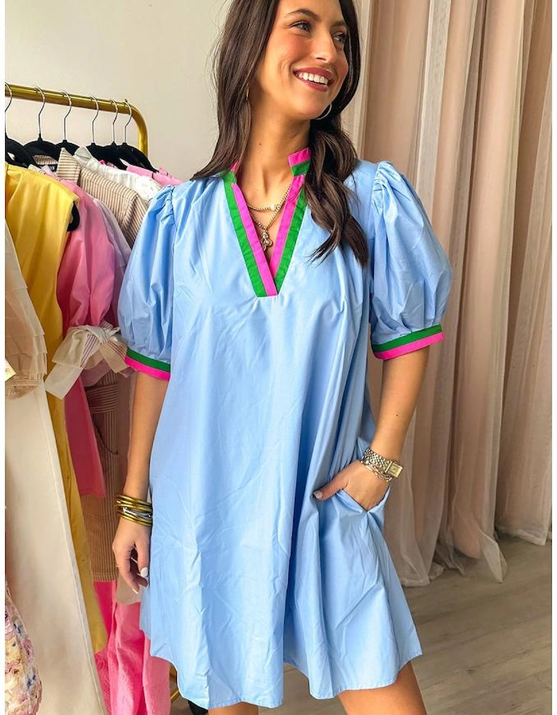 Myosotis Contrast Striped Notched V Neck Puff Sleeve Mini Dress