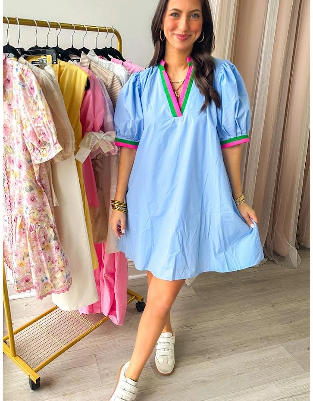 Myosotis Contrast Striped Notched V Neck Puff Sleeve Mini Dress