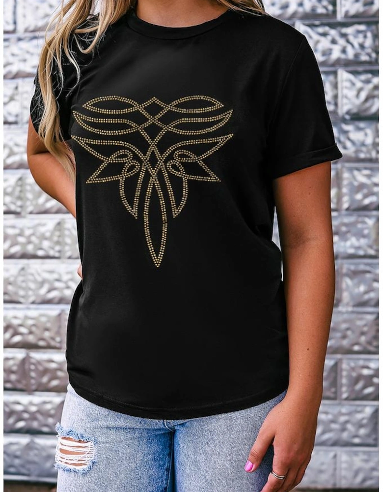 Black Rhinestone Western Pattern Cotton Blend Graphic T Shirt