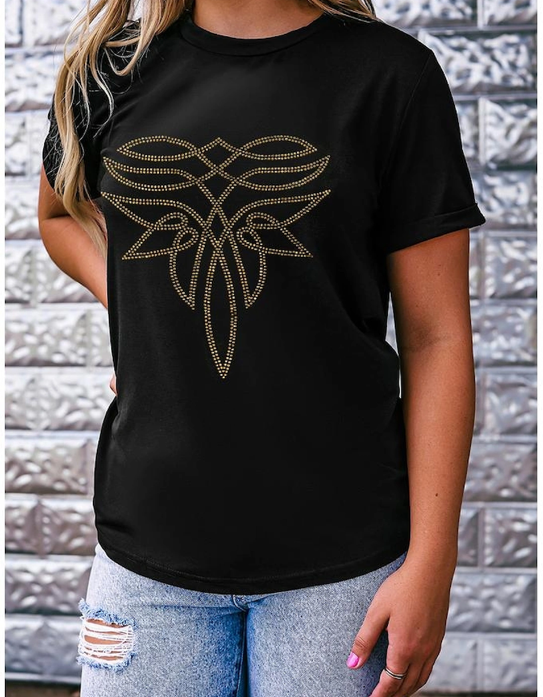 Black Rhinestone Western Pattern Cotton Blend Graphic T Shirt