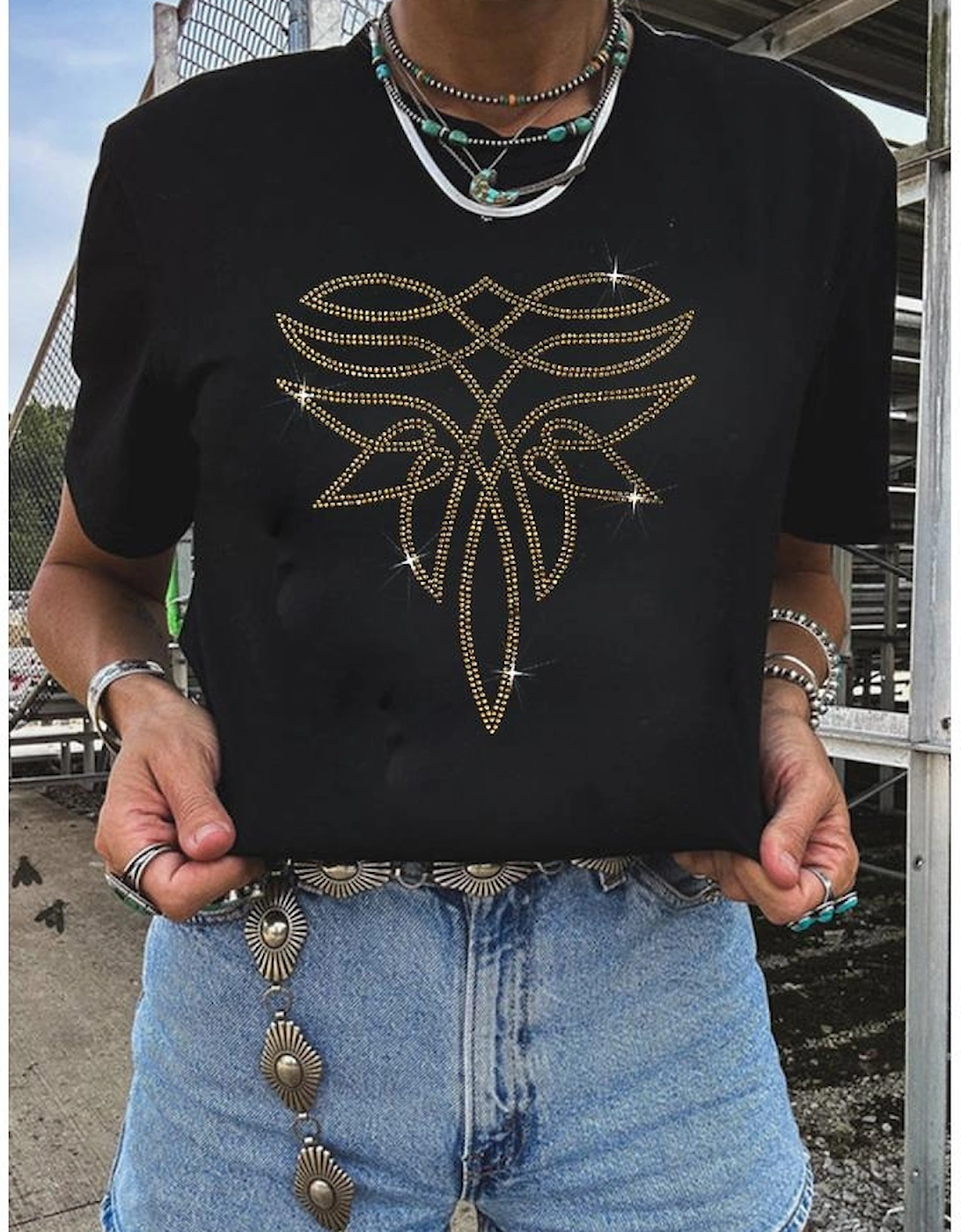 Black Rhinestone Western Pattern Cotton Blend Graphic T Shirt