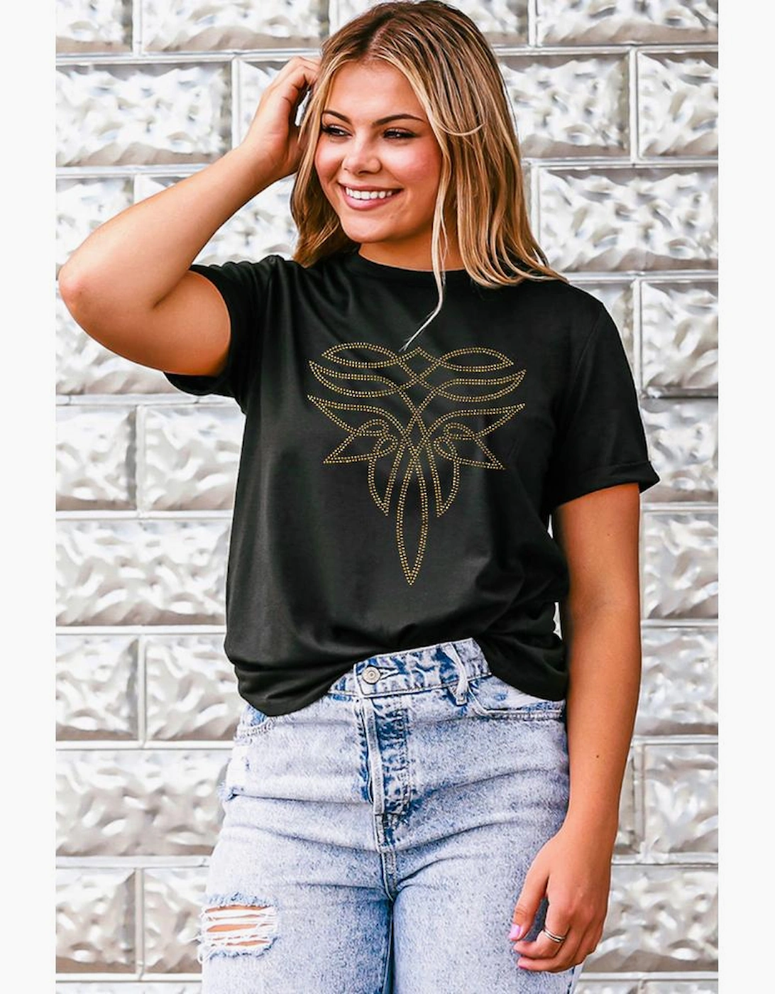 Black Rhinestone Western Pattern Cotton Blend Graphic T Shirt