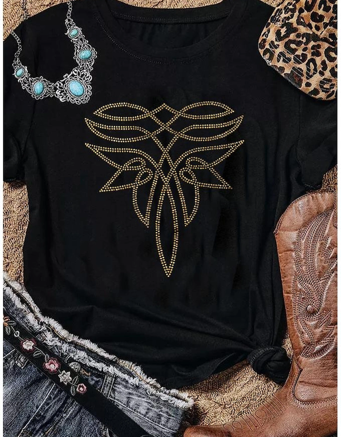 Black Rhinestone Western Pattern Cotton Blend Graphic T Shirt, 10 of 9
