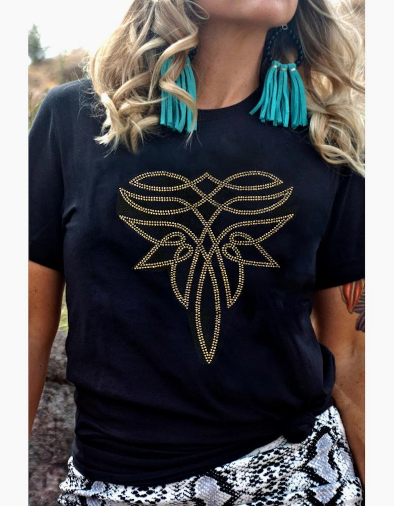 Black Rhinestone Western Pattern Cotton Blend Graphic T Shirt
