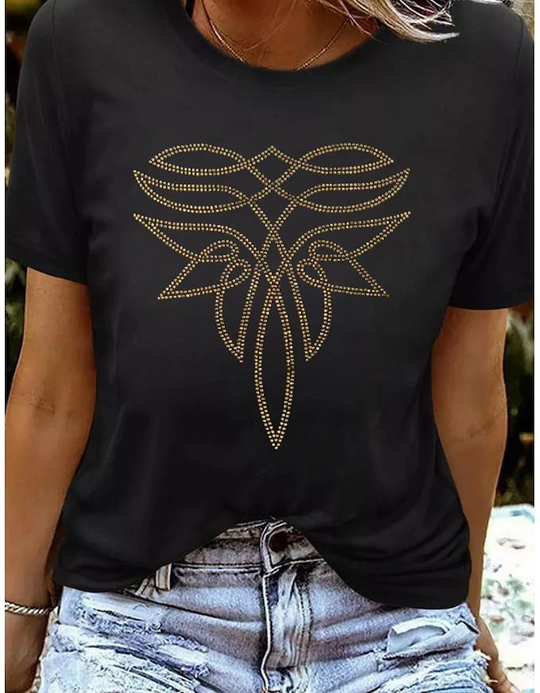 Black Rhinestone Western Pattern Cotton Blend Graphic T Shirt