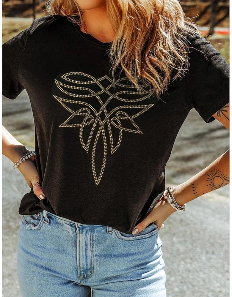 Black Rhinestone Western Pattern Cotton Blend Graphic T Shirt