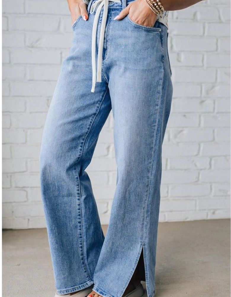 Myosotis Slit Leg High Rise Drawstring Casual Jeans