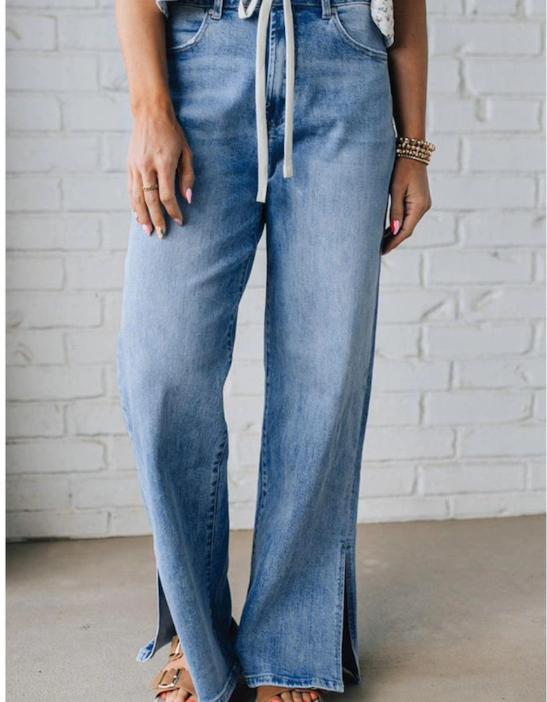 Myosotis Slit Leg High Rise Drawstring Casual Jeans