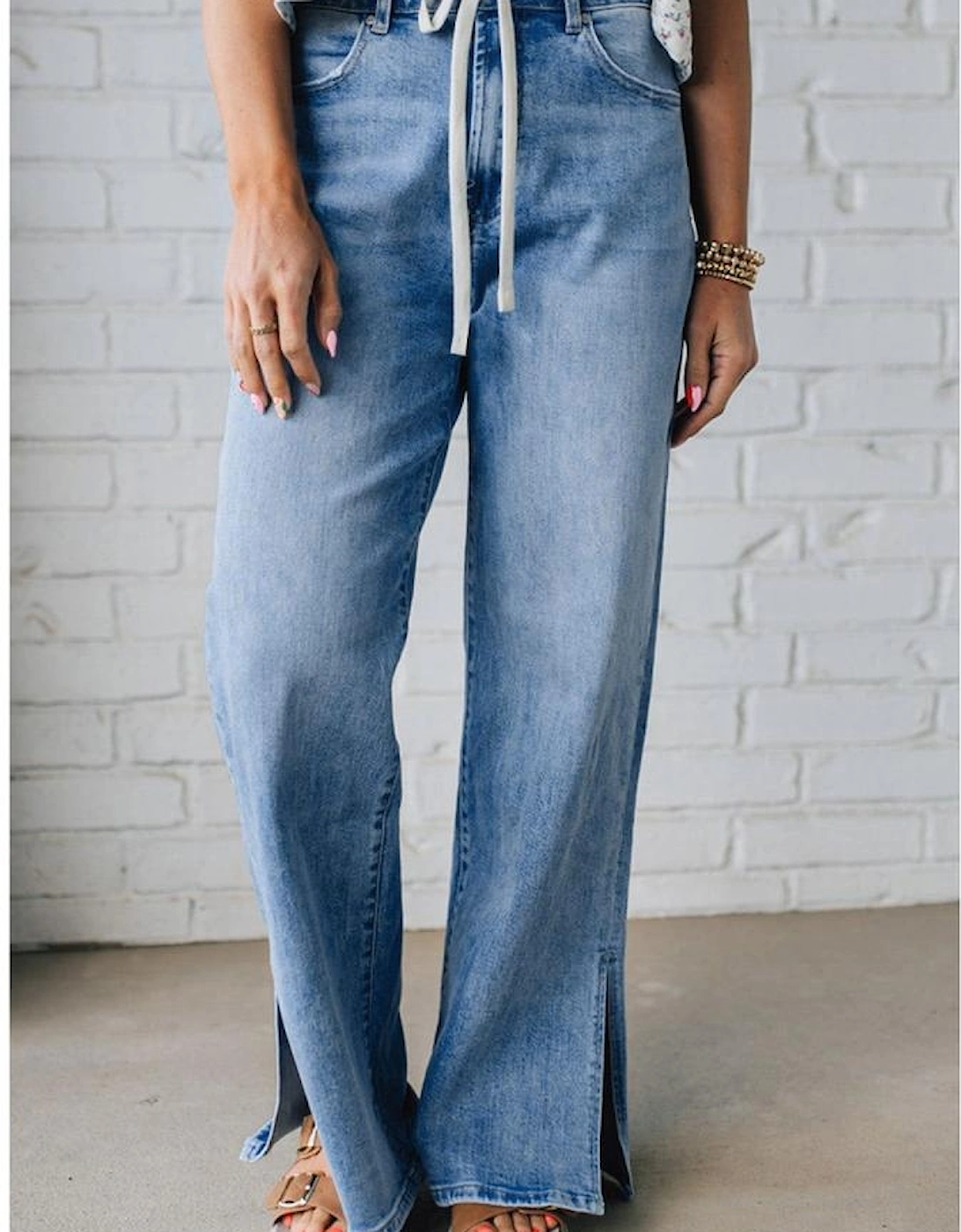 Myosotis Slit Leg High Rise Drawstring Casual Jeans