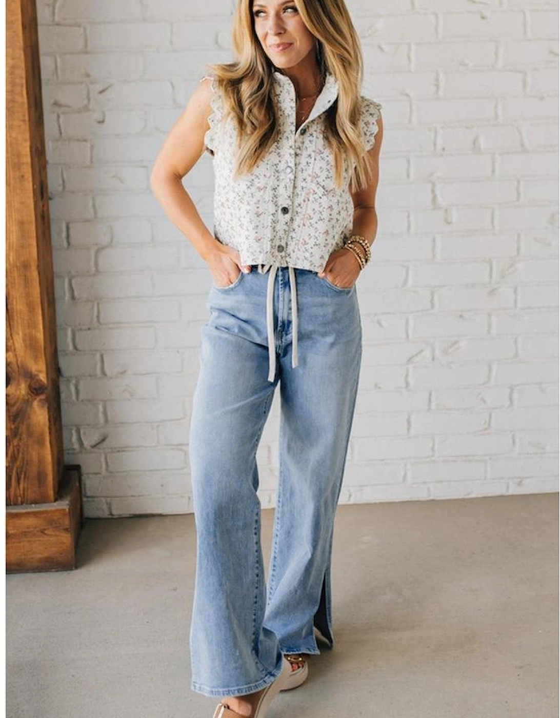 Myosotis Slit Leg High Rise Drawstring Casual Jeans