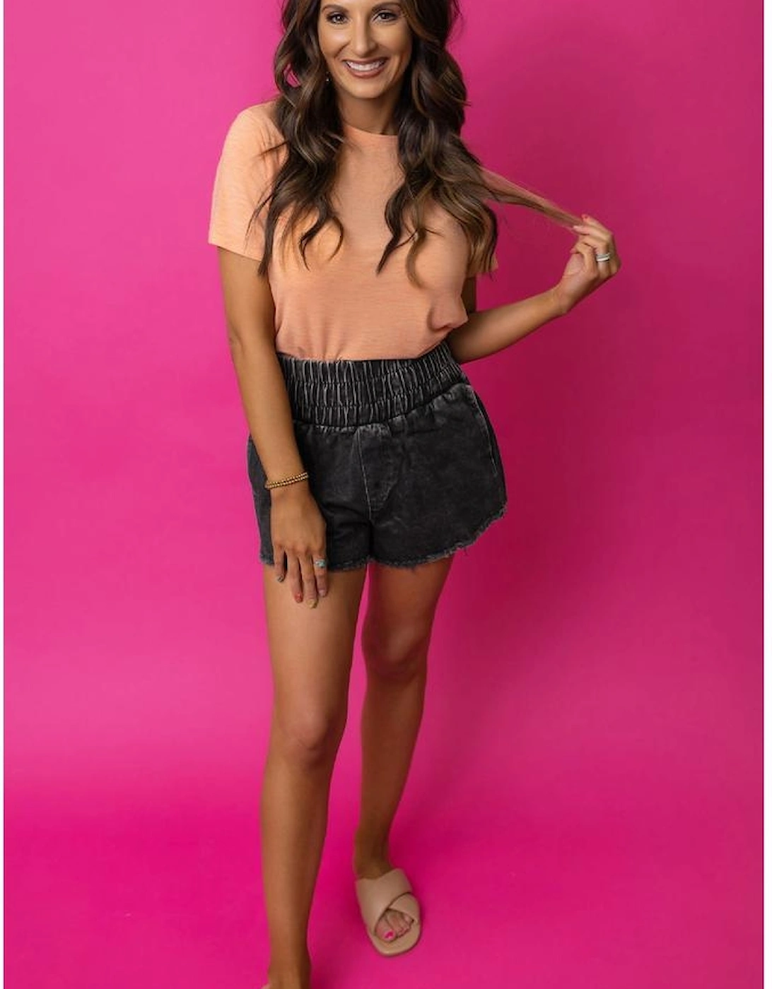 Black Smocked High Waist Mineral Washed Jean Shorts